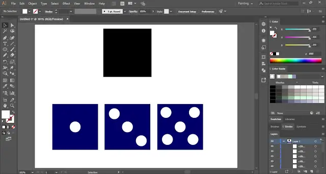 With the help of Ellipse Tool, mark the three sides of the dice