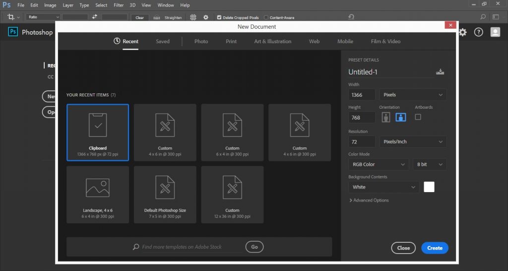 create new document in Photoshop