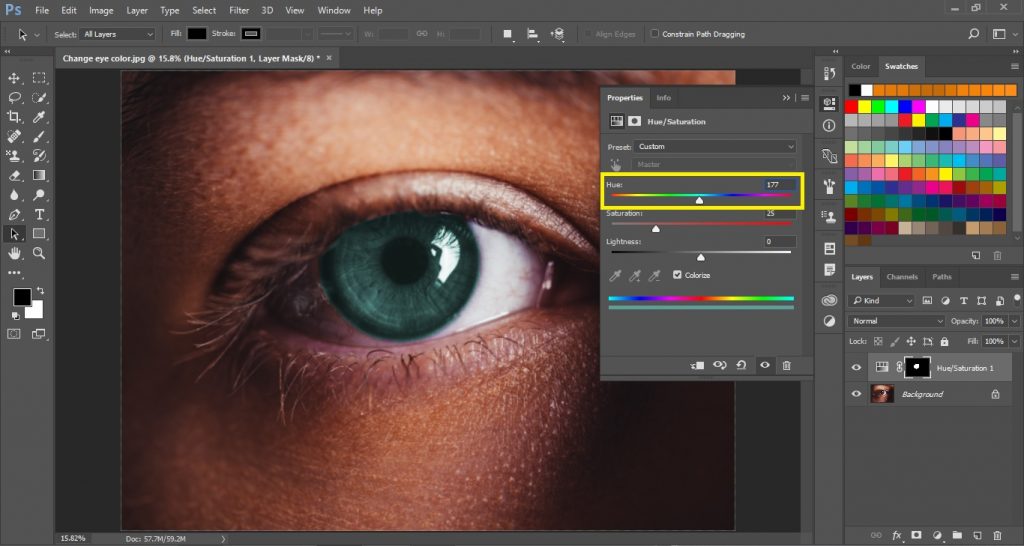 Move the Hue Slider to change the eye color